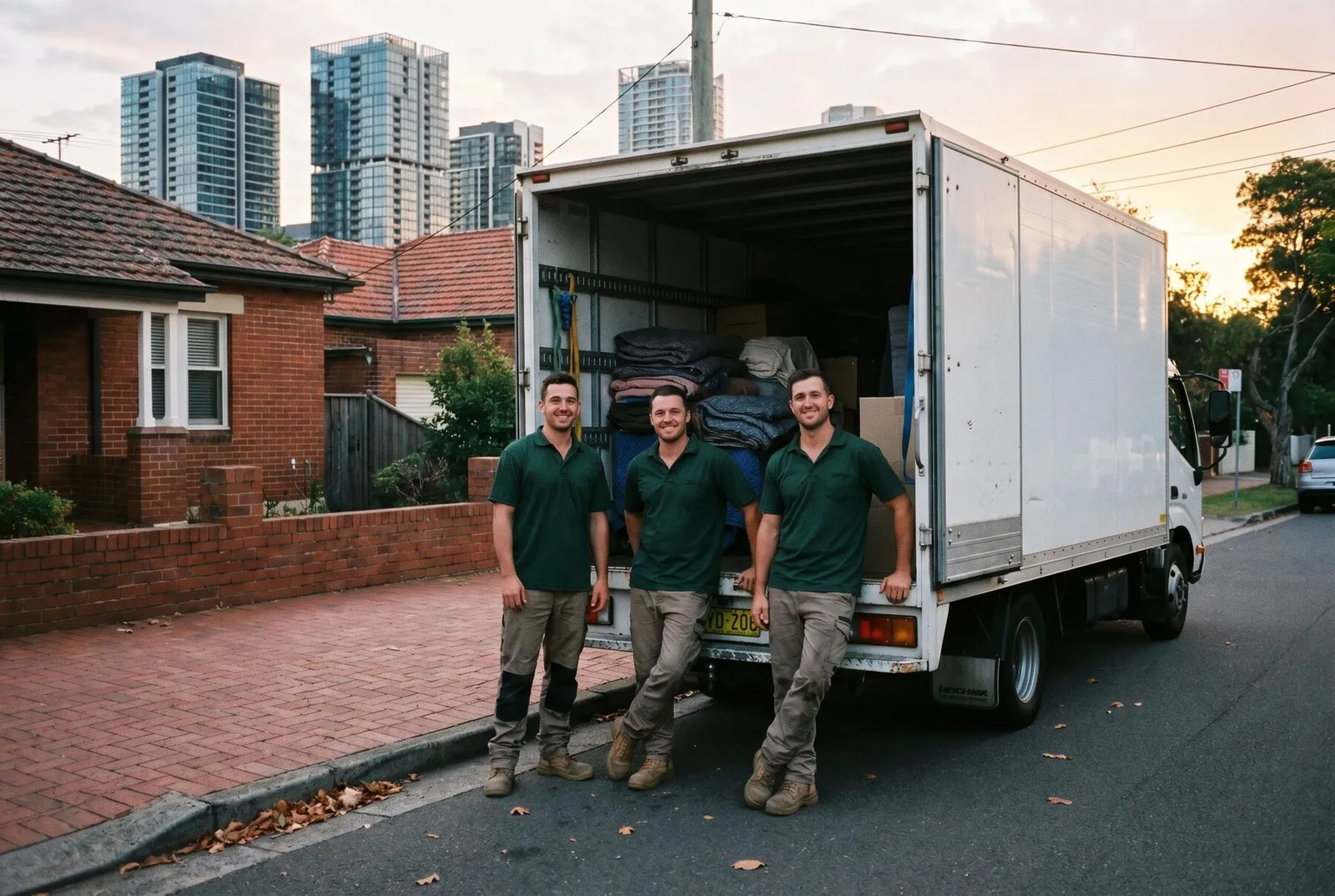 Three crew members by their truck on a brick residential street, Chatswood towers behind at dusk