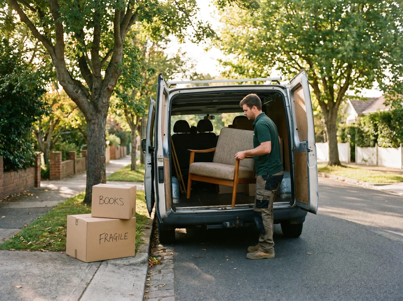 A crew member loading a good armchair into a van, labelled boxes waiting on the footpath