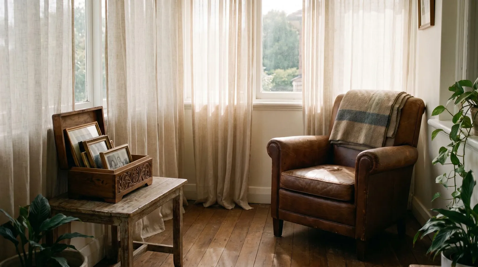 A quiet sunroom in morning light, an armchair with a folded blanket, framed photographs set aside in a wooden box