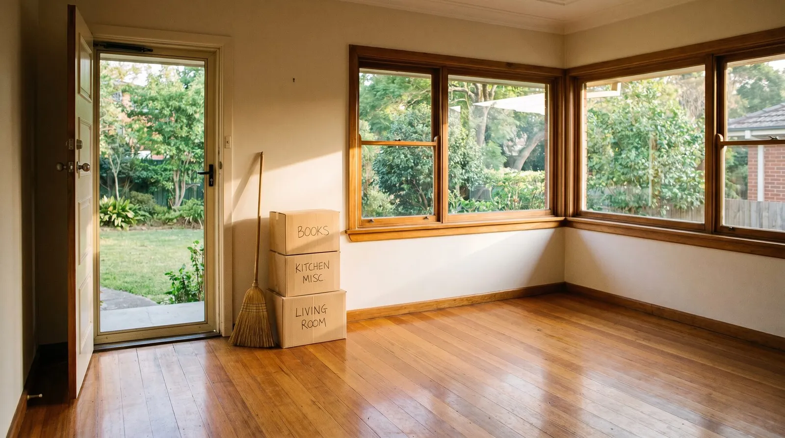 A just-emptied living room in a brick Chatswood house, timber floor swept clean, labelled boxes stacked by the door