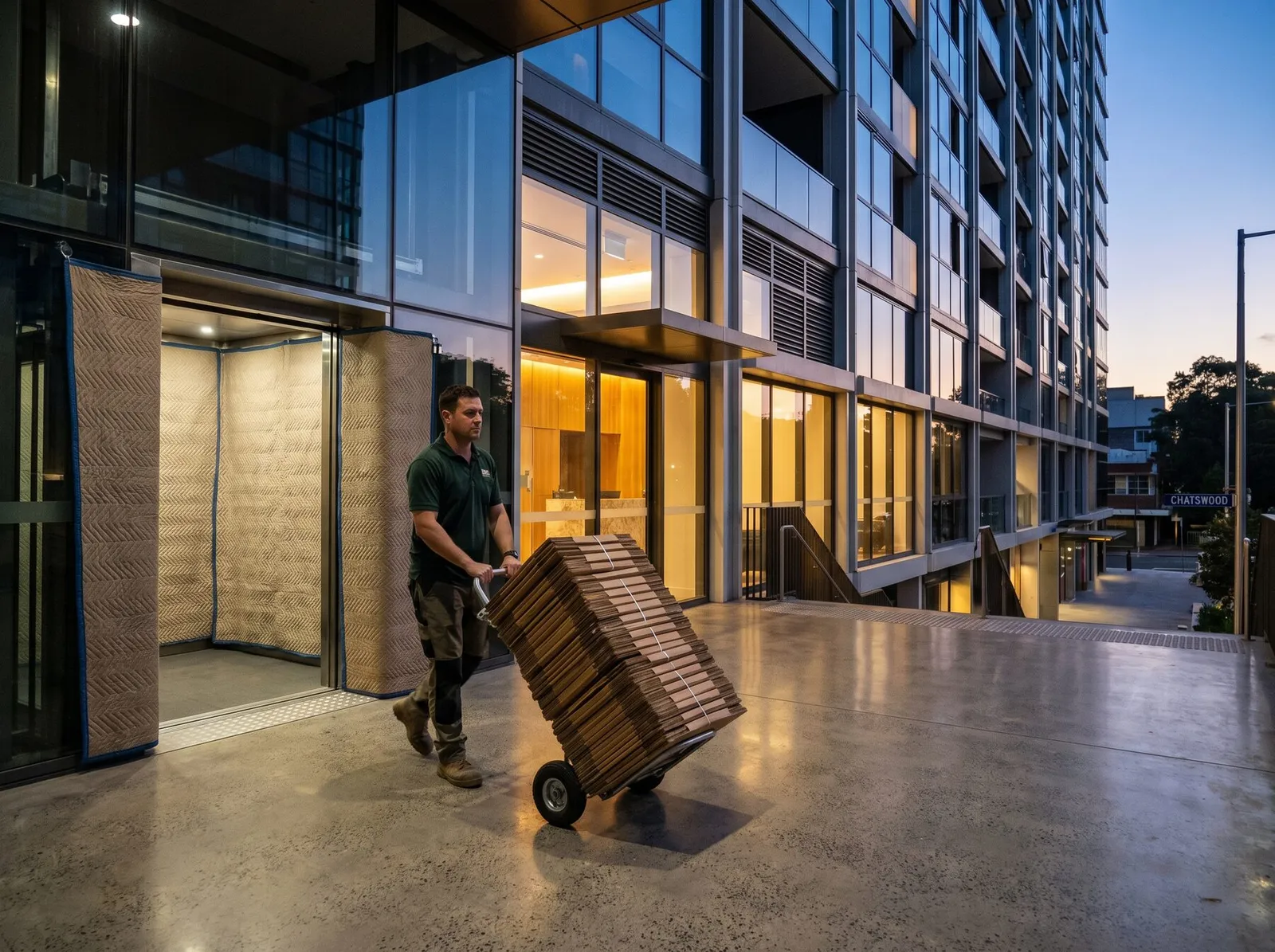 A crew member wheeling flattened boxes through an apartment tower loading dock at dusk, padded lift behind