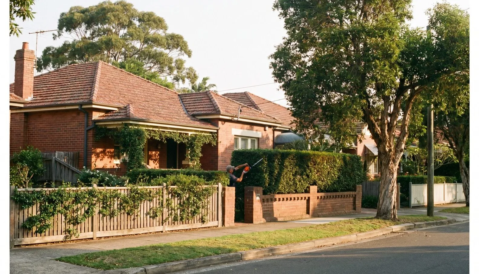 Red-brick and tile houses behind low fences on a quiet tree-lined Willoughby street